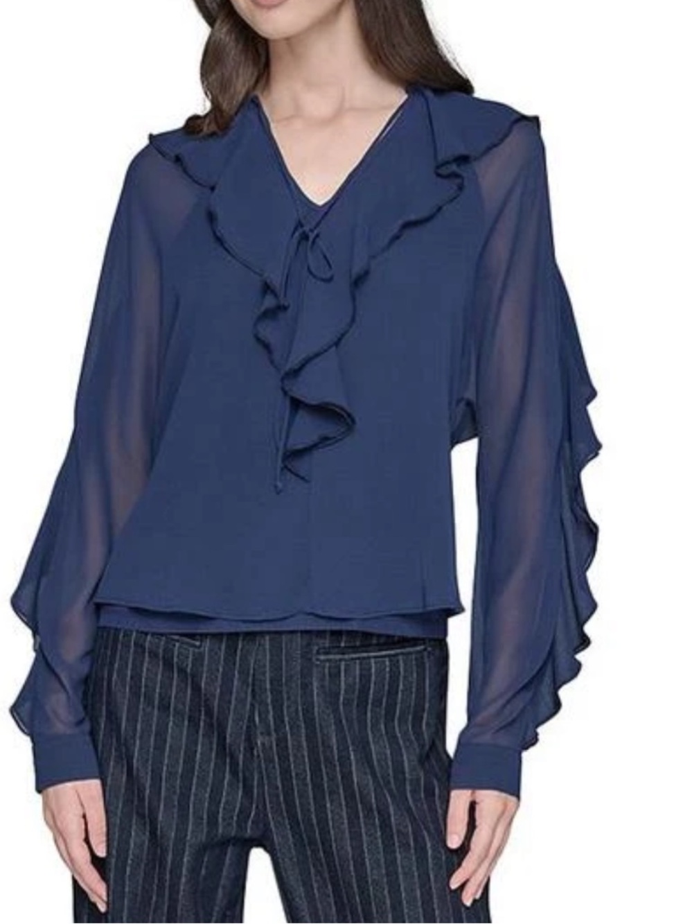 NWT Karl Lagerfeld Navy Loose Ruffle Blouse Size M
